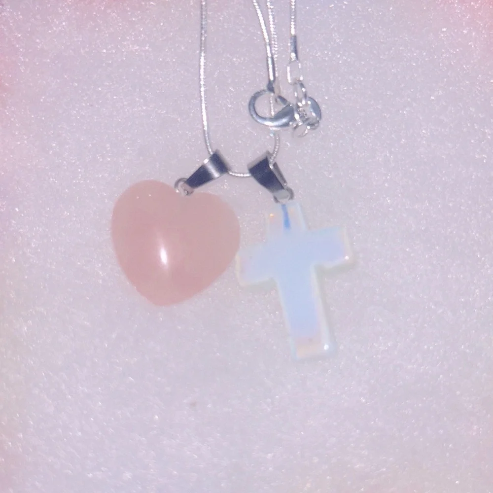 Boho hippie Opal Cross and Rose Quartz Heart Sterling Silver 16” Neckla…